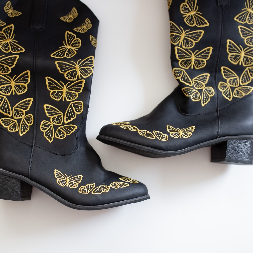Black & Gold Butterfly Cowboy Boot Size 38